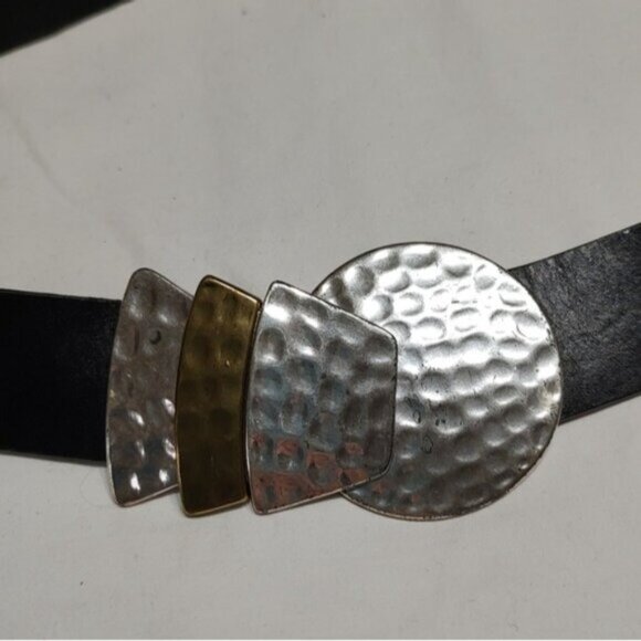 Chicos Black Leather Adjustable Belt w/ Geometric Silvertone Metal Buckle - Picture 3 of 11